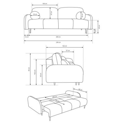 Ággyá nyitható, kárpitozott háromszemélyes CLOUDY kanapé, szürke