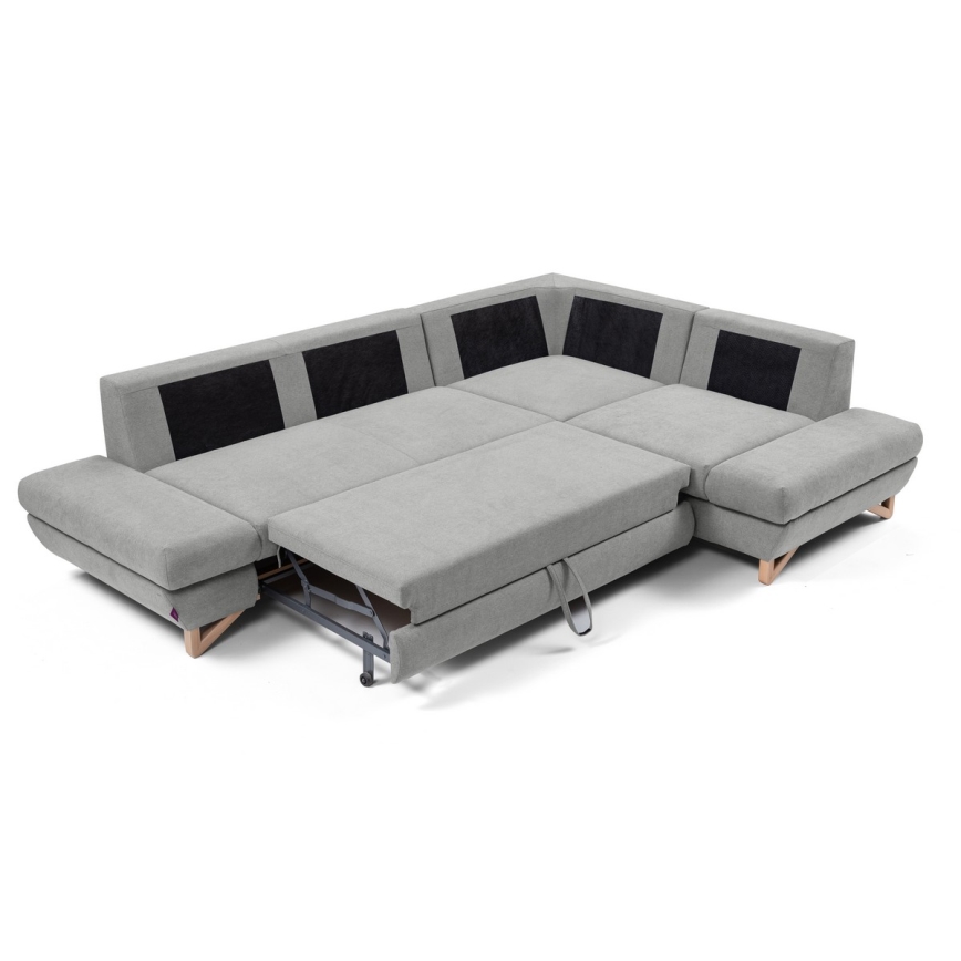 AVESTA L-alakú, jobb oldali, ággyá alakítható kárpitozott sarokkanapé tárolórekesszel, szürke