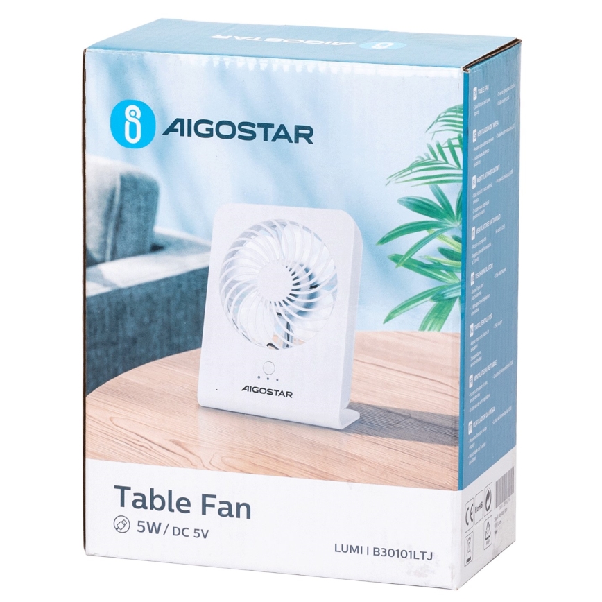 Aigostar - Asztali ventilátor 5W/5V fehér