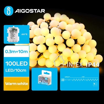 Aigostar - LED Karácsonyi kültéri lánc 100xLED/3xAA/8 funkció 10,3 m IP44 meleg fehér