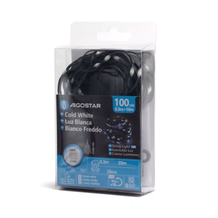 Aigostar - LED Karácsonyi kültéri lánc 100xLED/8 funkció/3xAA 10,3m IP44 hideg fehér