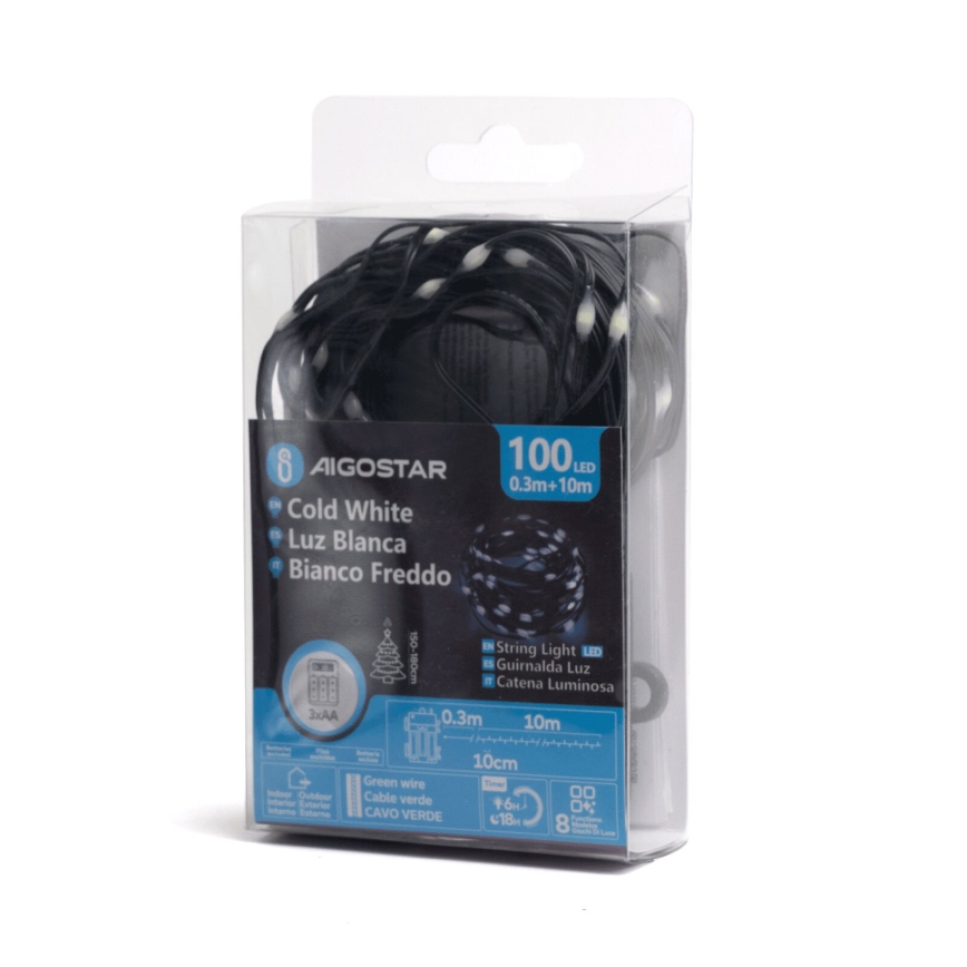 Aigostar - LED Karácsonyi kültéri lánc 100xLED/8 funkció/3xAA 10,3m IP44 hideg fehér