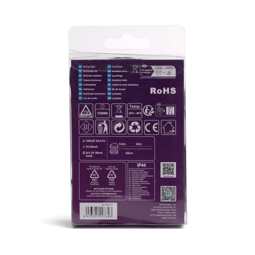 Aigostar - LED Karácsonyi kültéri lánc 100xLED/8 funkció/3xAA 10,3m IP44 hideg fehér