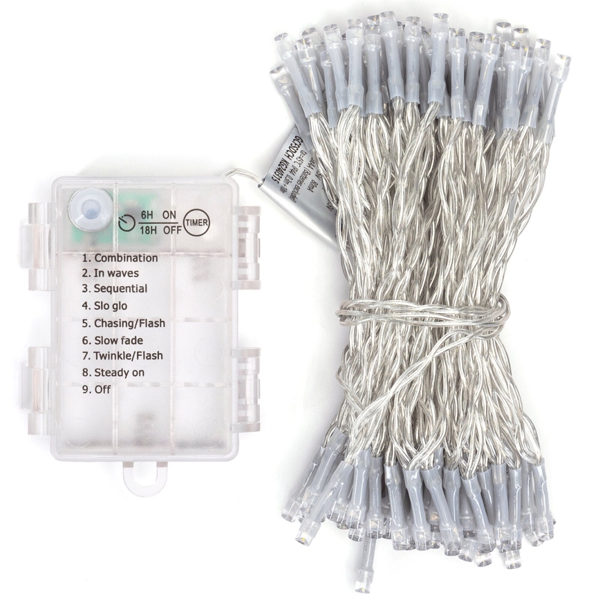 Aigostar - LED Karácsonyi kültéri lánc 100xLED/8 funkció/3xAA 10,3m IP44 hideg fehér