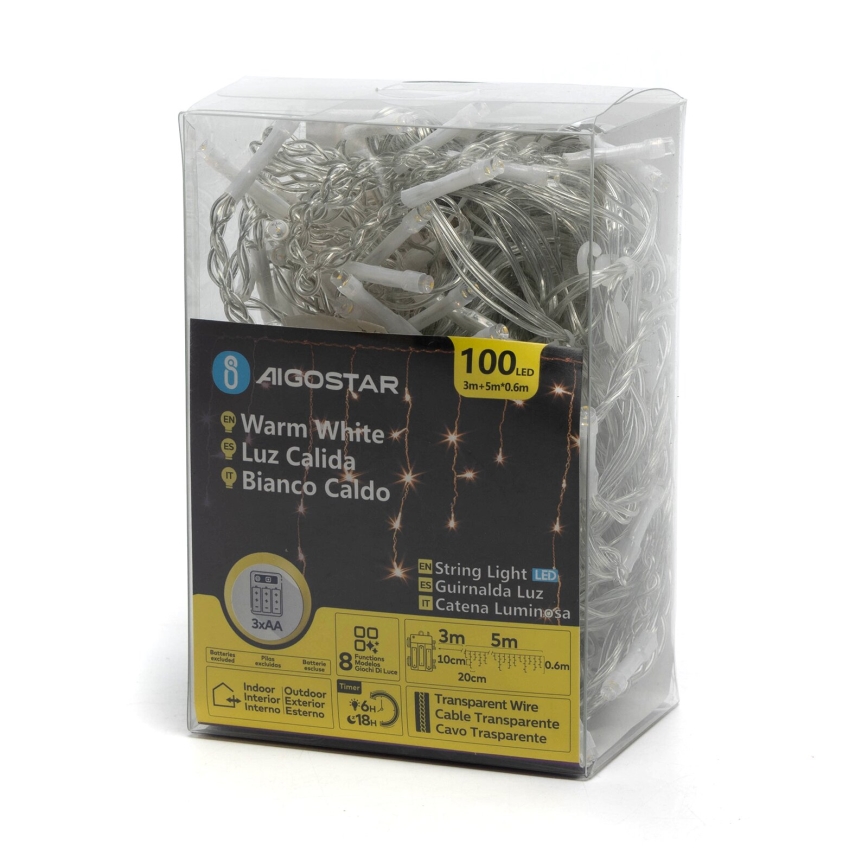 Aigostar-LED Karácsonyi kültéri lánc 100xLED/8 funkció 3xAA 8x0,6m IP44 meleg fehér