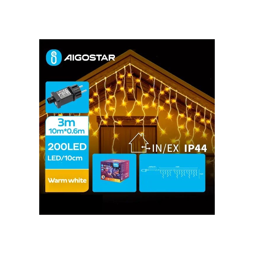Aigostar - LED Karácsonyi kültéri lánc 200xLED/8 funkció 13x0,6m IP44 meleg fehér
