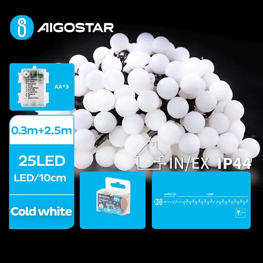 Aigostar - LED Karácsonyi kültéri lánc 25xLED/3xAA/8 funkció 2,8 m IP44 hideg fehér