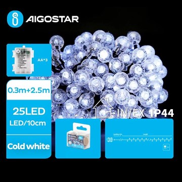 Aigostar - LED Karácsonyi kültéri lánc 25xLED/3xAA/8 funkció 2,8 m IP44 hideg fehér