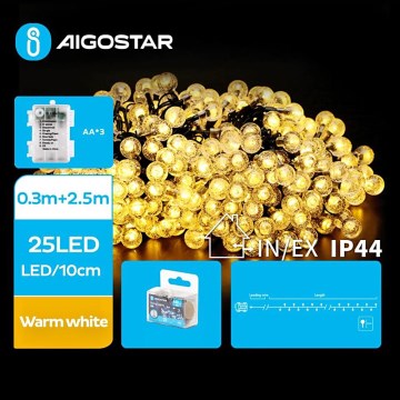 Aigostar - LED Karácsonyi kültéri lánc 25xLED/3xAA/8 funkció 2,8 m IP44 meleg fehér