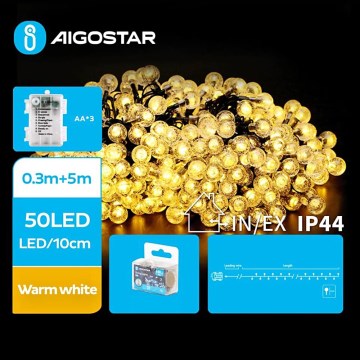 Aigostar - LED Karácsonyi kültéri lánc 50xLED/3xAA/8 funkció 5,3 m IP44 meleg fehér