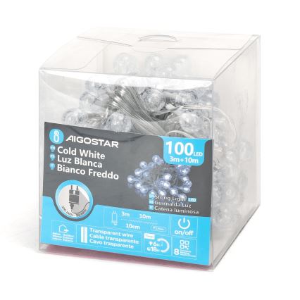 Aigostar - LED kültéri karácsonyi fényfüzér, 100 LED, 8 funkció, 13 m, IP44, hideg fehér