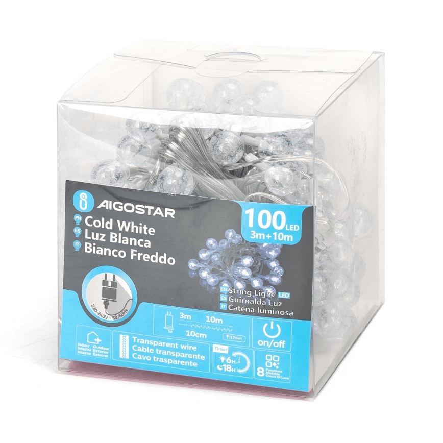 Aigostar - LED kültéri karácsonyi fényfüzér, 100 LED, 8 funkció, 13 m, IP44, hideg fehér