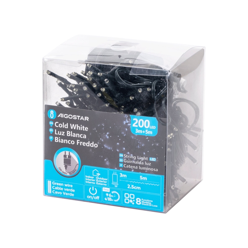 Aigostar - LED kültéri karácsonyi fényfüzér, 200 LED, 8 funkció, 8 m, IP44, hideg fehér