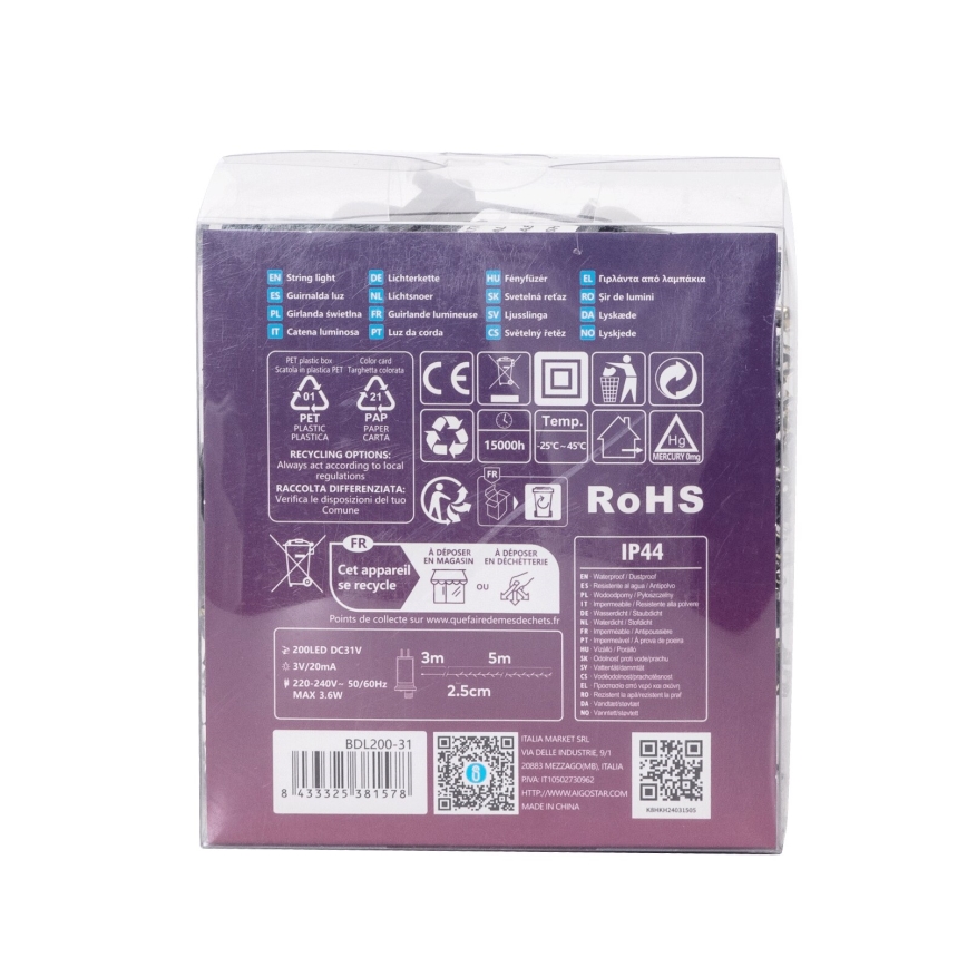 Aigostar - LED kültéri karácsonyi fényfüzér, 200 LED, 8 funkció, 8 m, IP44, hideg fehér