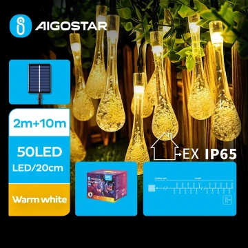 Aigostar - LED Napelemes dekoratív lánc 50xLED/8 funkció 12m IP65 meleg fehér