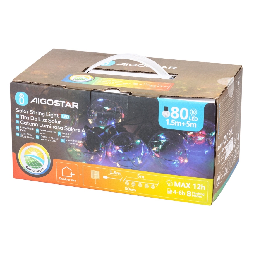 Aigostar - LED napelemes karácsonyi fényfüzér 10xLED/8 funkció 6,5m IP65 500 mAh színes