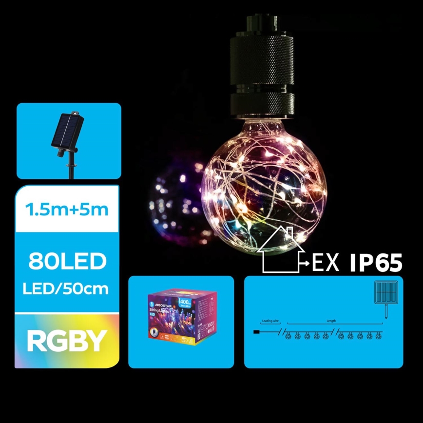 Aigostar - LED napelemes karácsonyi fényfüzér 10xLED/8 funkció 6,5m IP65 500 mAh színes