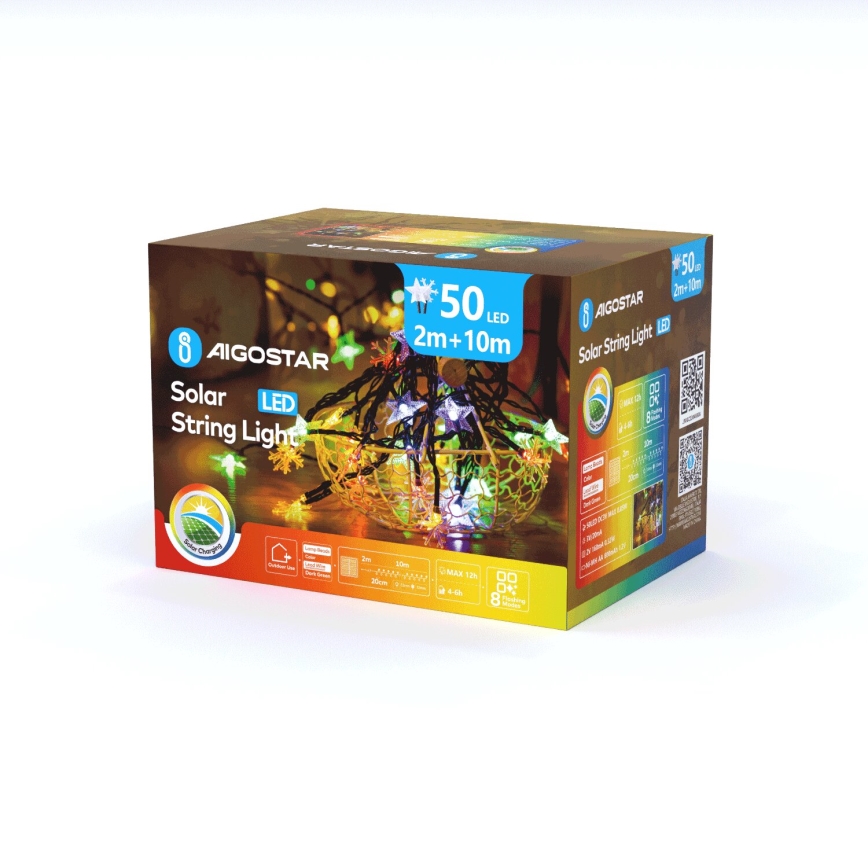 Aigostar - LED napelemes karácsonyi fényfüzér 50xLED/8 funkció 800 mAh 12m IP65 színes