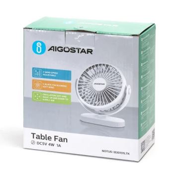 Aigostar - Újratölthető asztal fan 4W/5V 1500mAh fehér