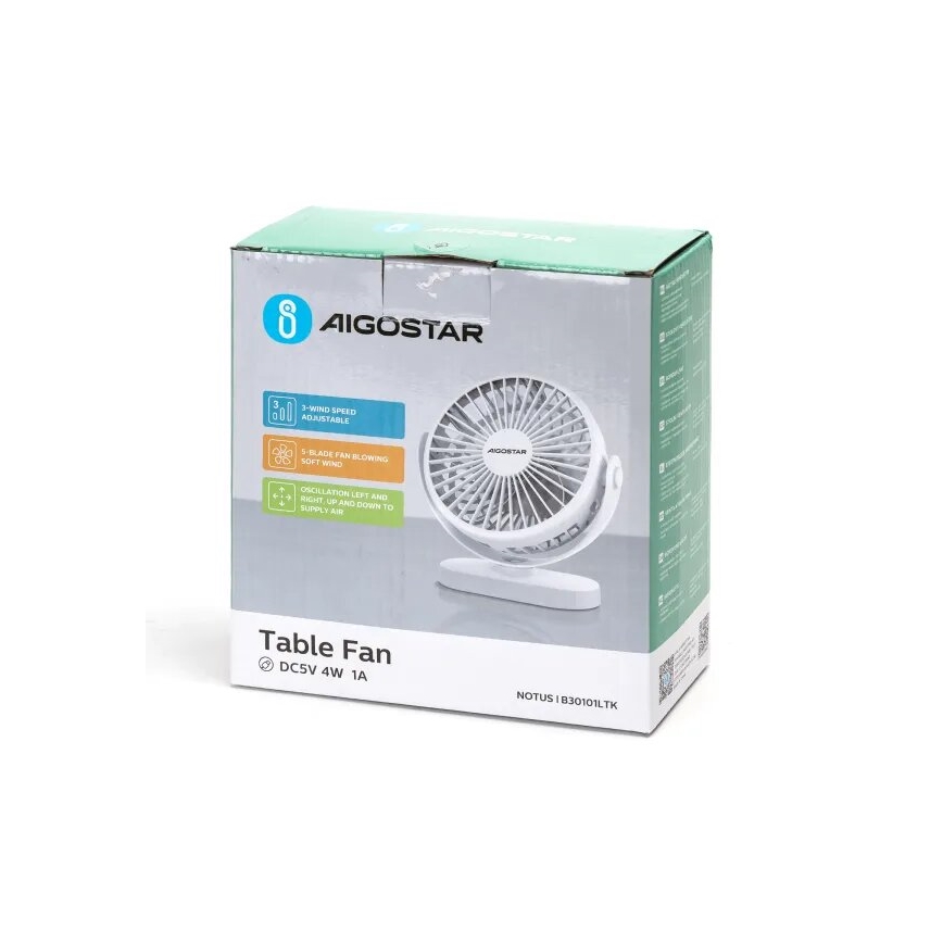 Aigostar - Újratölthető asztal fan 4W/5V 1500mAh fehér