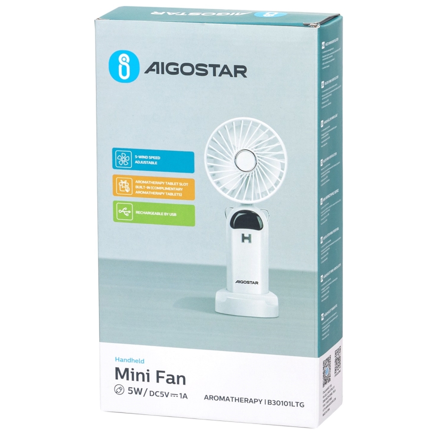 Aigostar - Újratölthető kézi ventilátor 4W/5V 1200mAh fehér