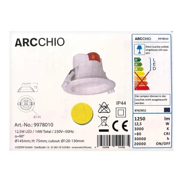 Arcchio - LED Fürdőszobai beépíthető lámpa ARIAN LED/12,5W/230V IP44