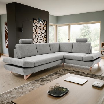 AVESTA L-alakú, jobb oldali, ággyá alakítható kárpitozott sarokkanapé tárolórekesszel, szürke