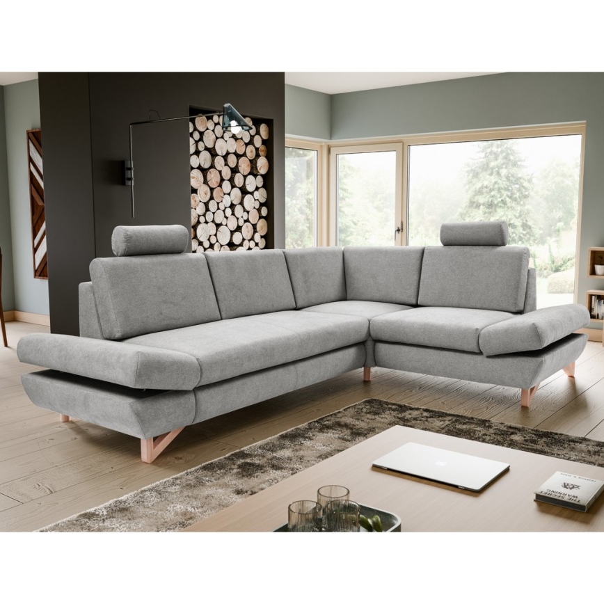 AVESTA L-alakú, jobb oldali, ággyá alakítható kárpitozott sarokkanapé tárolórekesszel, szürke