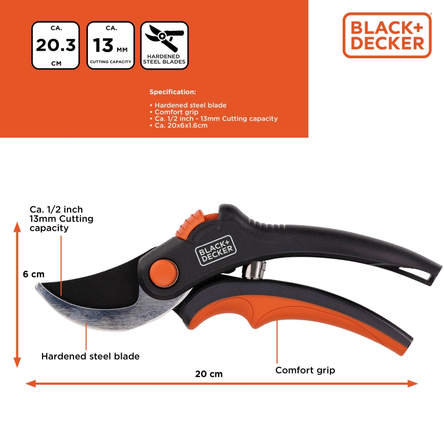 BLACK+DECKER - Kertészeti olló 200 mm