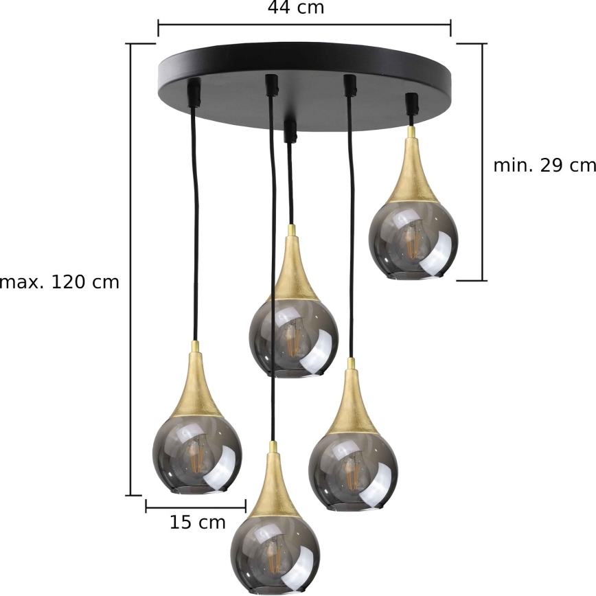 Csillár zsinóron LACRIMA SMOKY 5xE27/60W/230V á. 45 cm