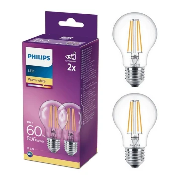 CSOMAG 2x LED Izzó Philips A60 E27/7W/230V 2700K