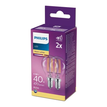 CSOMAG 2x LED Izzó Philips P45 E14/4,3W/230V 2700K