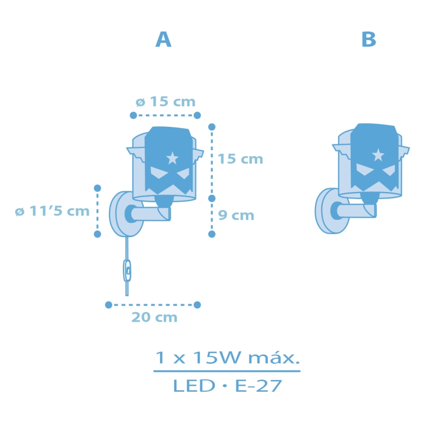 Dalber 61819 - Gyerek fali lámpa KÉK HERO 1xE27/15W/230V