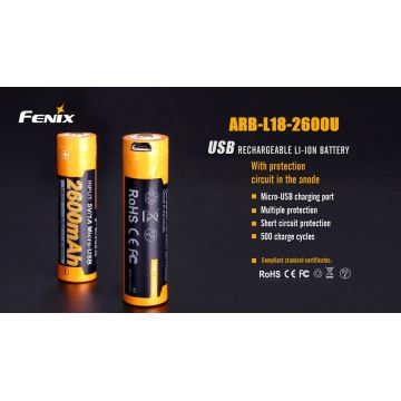 Fenix FE18650LI26USB - 1db Újratölthető elem USB/3,6V 2600 mAh