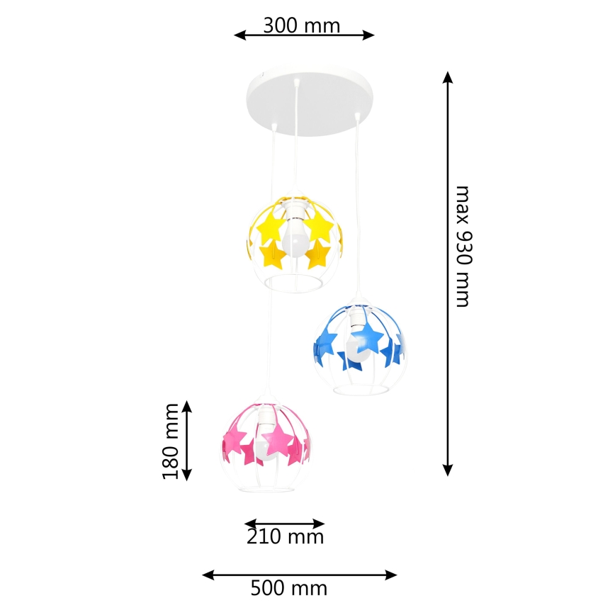 Gyerek csillár zsinóron STARS 3xE27/15W/230V kék/rózsaszín/sárga