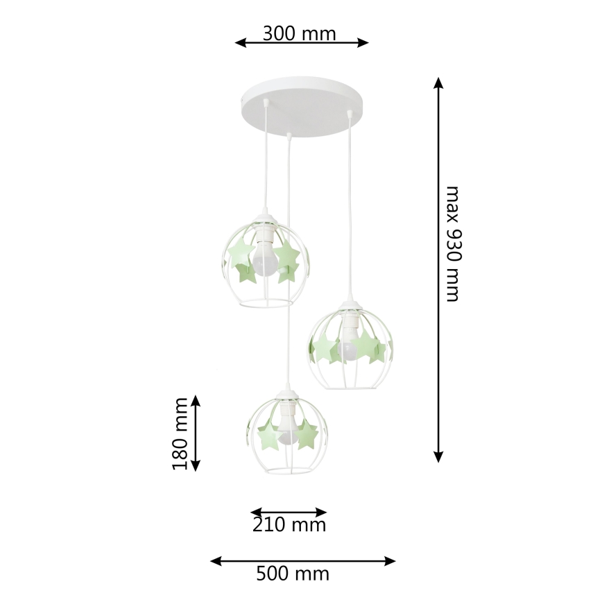 Gyerek csillár zsinóron STARS 3xE27/15W/230V zöld/fehér