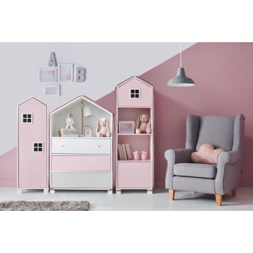 Gyermek szekrény MIRUM 126x80 cm fehér/szürke/rózsaszín