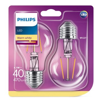 KÉSZLET 2x LED Izzó Philips E27/4,3W/230V 2700K