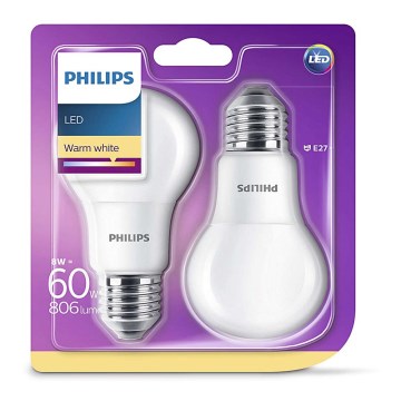 KÉSZLET 2x LED izzó Philips E27/8W/230V 2700K