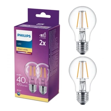 KÉSZLET 2x LED Izzó VINTAGE Philips A60 E27/4,3W/230V 2700K