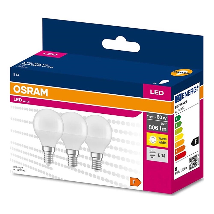 KÉSZLET 3x LED Izzó P45 E14/7,5W/230V 3000K - Osram