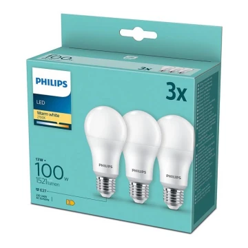 KÉSZLET 3x LED Izzó Philips A60 E27/13W/230V 2700K