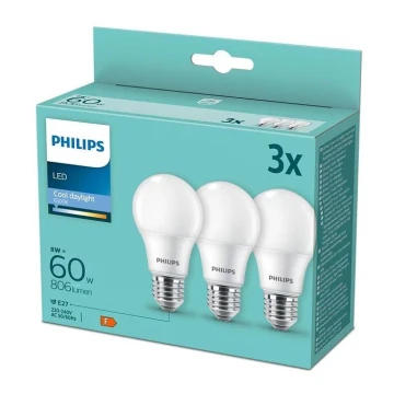 KÉSZLET 3x LED Izzó Philips A60 E27/8W/230V 6500K