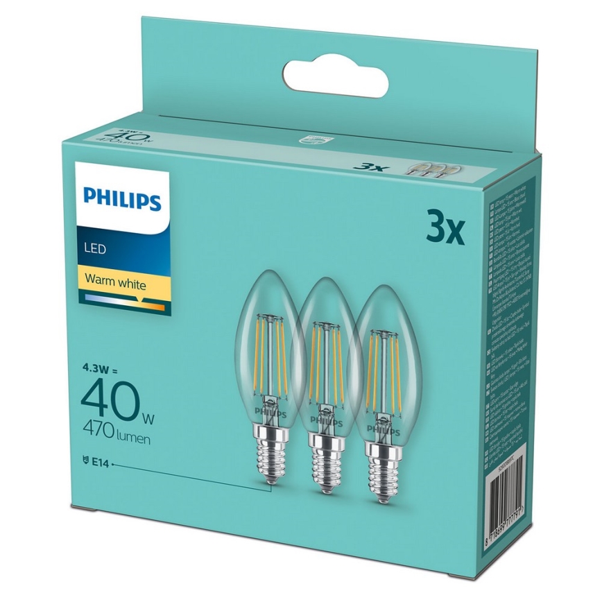 KÉSZLET 3x LED Izzó Philips B35 E14/4,3W/230V 2700K