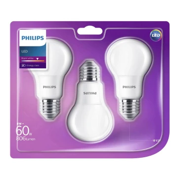 KÉSZLET 3x LED Izzó Philips E27/8W/230V 2700K