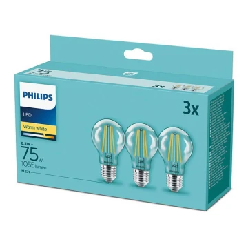 KÉSZLET 3xLED Izzó Philips E27/8,5W/230V 2700K