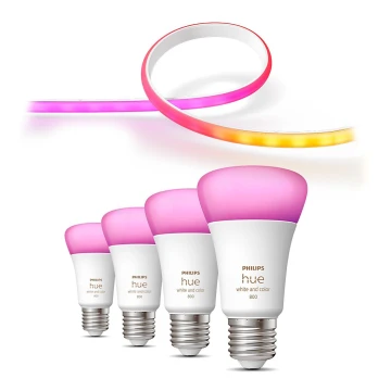 KÉSZLET - LEG RGBW Dimmelető szalag Philips Hue WHITE AND COLOR AMBIANCE 2m LED/20W/230V + 4x Dimmelhető izzó Philips A60 E27/6,5W/230V 2000-6500K