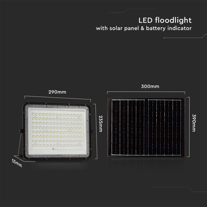LED Kültéri napalemes reflektor LED/200W/3,2V 4000K fekete IP65 + távirányítás
