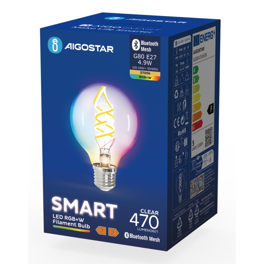 LED RGBW Izzó FILAMENT G80 E27/4,9W/230V 2700K - Aigostar