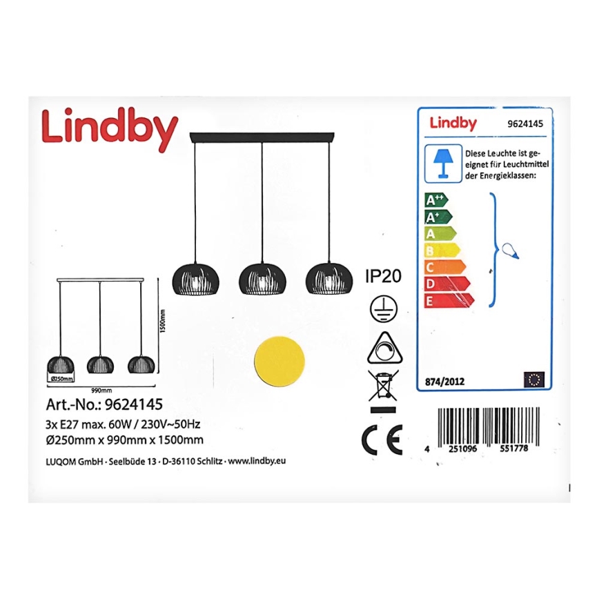 Lindby - Csillár zsinóron JUSRA 3xE27/60W/230V